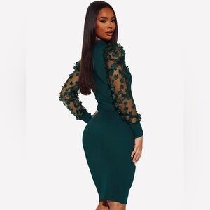 Almost Famous Green Bodycon Dress Size S Mesh Floral Sleeves Mock Neck Party